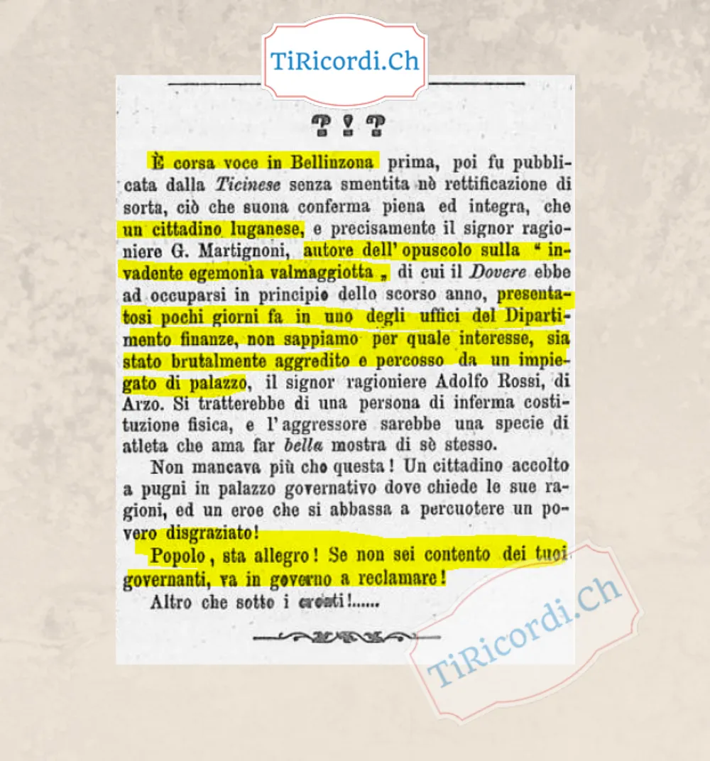 Ragioniere luganese preso a pugni in palazzo governativo a Bellinzona, 1889