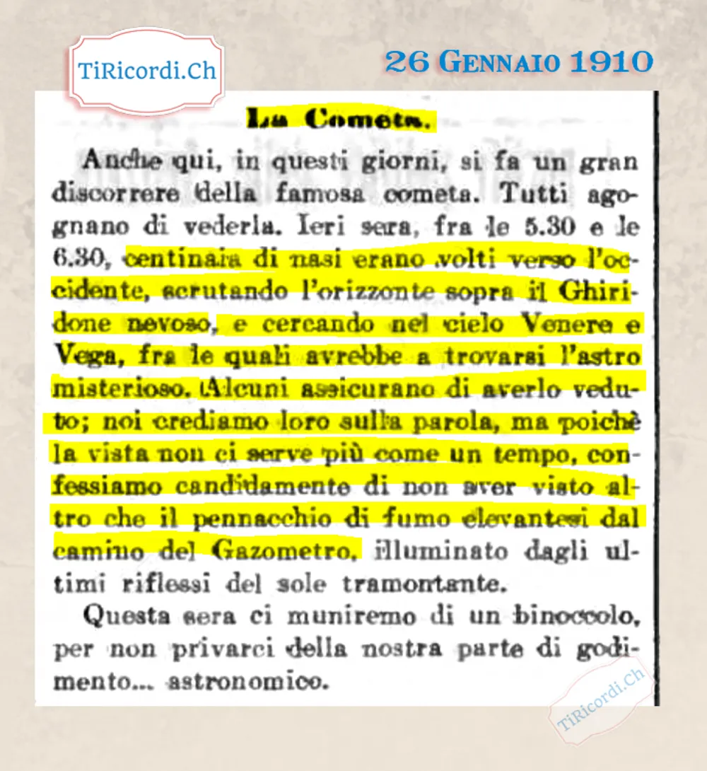 La cometa: centinaia di nasi volti verso il Ghiridone nevoso, ma il cronista vede solo il fumo del Gazometro, 1910