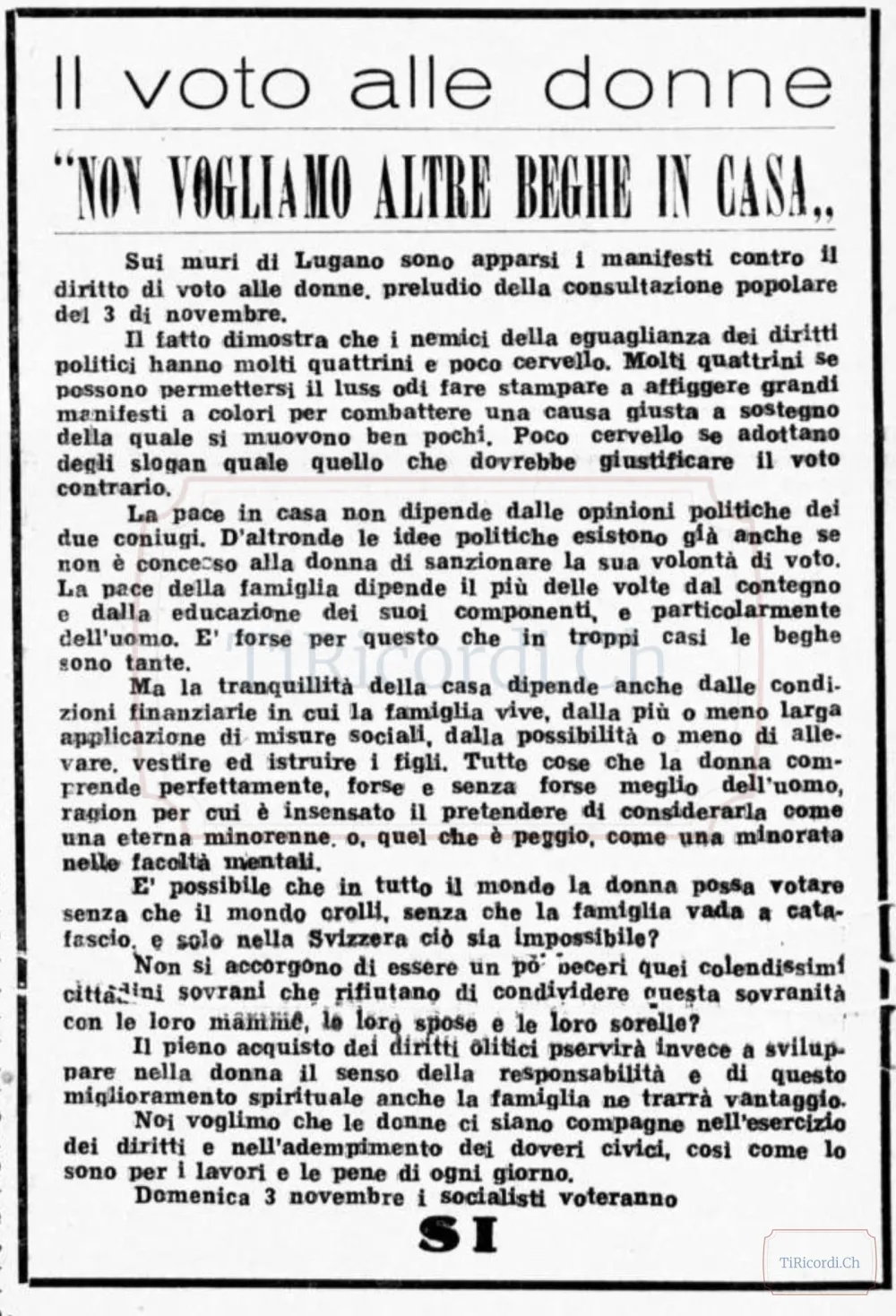 Manifesti e paure sul voto alle donne: "non vogliamo altre beghe in casa" a Lugano, 1946