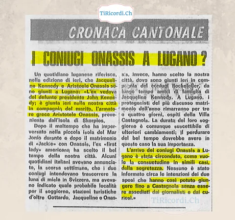 I coniugi Onassis a Lugano? Jacqueline Kennedy e Aristotele Onassis sono giunti in città provenienti dall'isola di Skorpios e resteranno tre o quattro giorni ospiti della Villa Castagnola, 1968