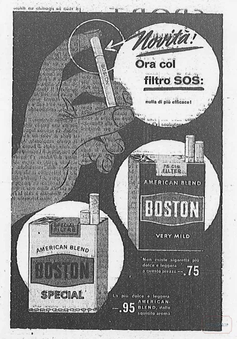 Pubblicità delle sigarette Boston con filtro SOS, prezzi e promesse di leggerezza, 1956