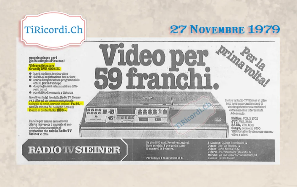 Video per 59 franchi: per la prima volta il videoregistratore Grundig SVR 4004 EL a noleggio con servizio incluso, oppure 1890 franchi in contanti, proprio adesso per i giochi olimpici d'inverno, 1979