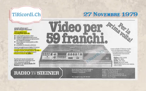 Video per 59 franchi: per la prima volta il videoregistratore Grundig SVR 4004 EL a noleggio con servizio incluso, oppure 1890 franchi in contanti, proprio adesso per i giochi olimpici d'inverno, 1979