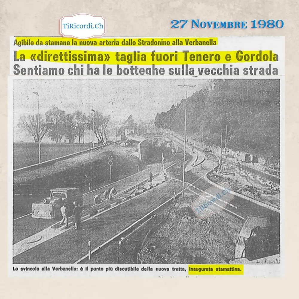 La direttissima taglia fuori Tenero e Gordola: agibile da stamane la nuova arteria dallo Stradonino alla Verbanella, novembre 1980