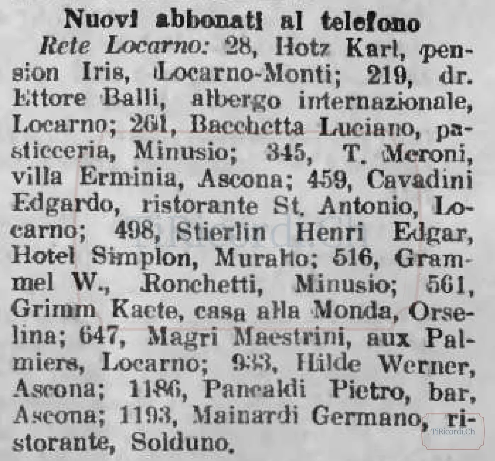 Nuovi abbonati al telefono nella rete di Locarno: pensioni, alberghi e privati, 1936
