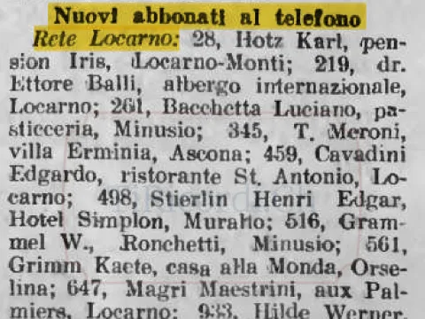 Nuovi abbonati al telefono nella rete di Locarno: pensioni, alberghi e privati, 1936