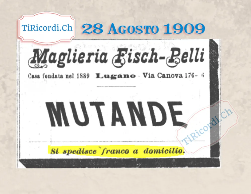 Maglieria Fisch-Pelli, casa fondata nel 1889, via Canova a Lugano: mutande, si spedisce franco a domicilio, 1909