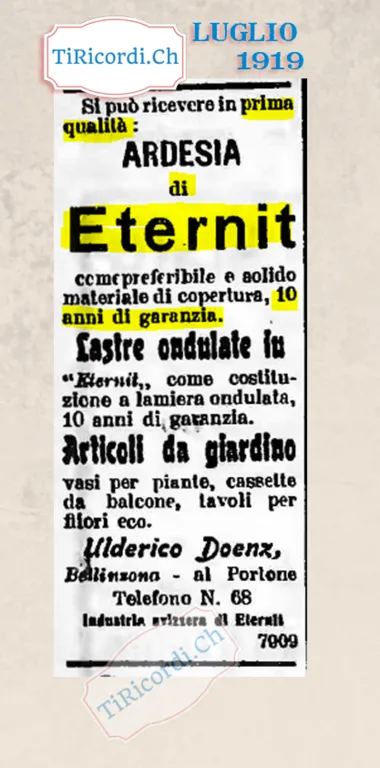 Ardesia di Eternit come preferibile e solido materiale di copertura, 10 anni di garanzia, e vasi per piante in Eternit: Ulderico Doenz, Bellinzona 1919