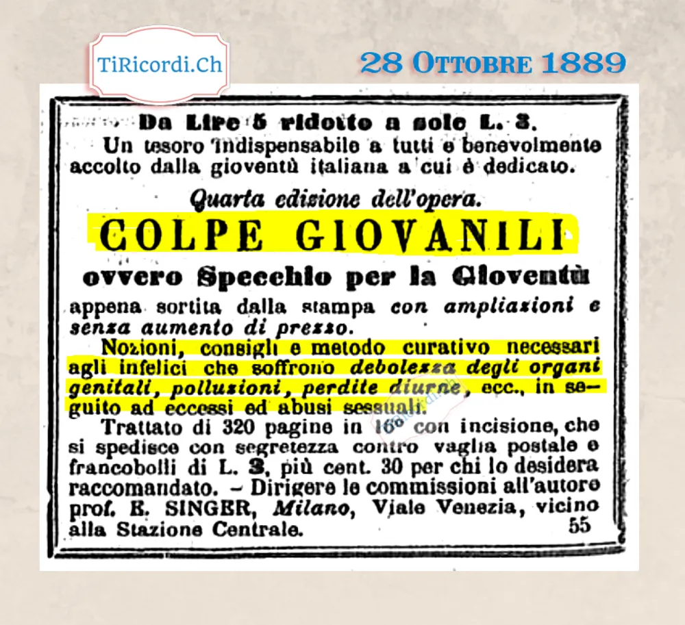 Colpe giovanili, ovvero Specchio per la gioventù: il trattato sugli abusi sessuali, ribassato a 3 lire, 1889