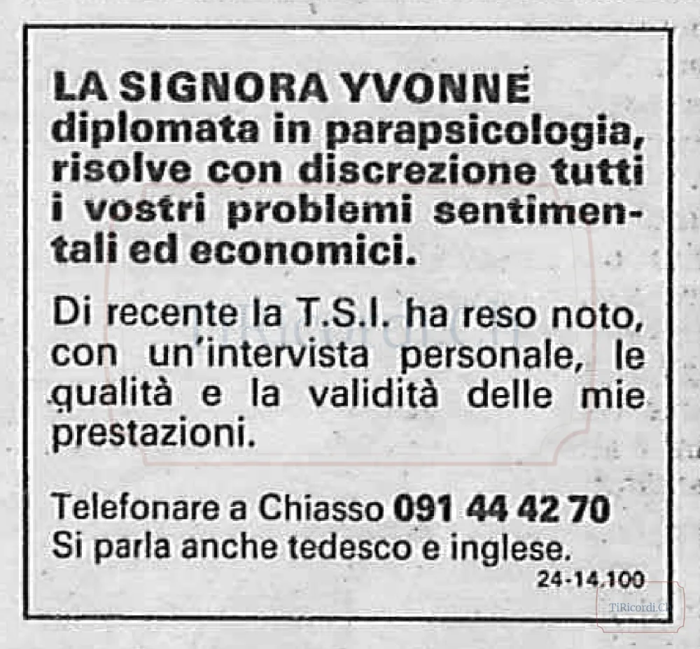 Parapsicologia per cuori e portafogli: la signora Yvonné risolve problemi sentimentali ed economici, 1986