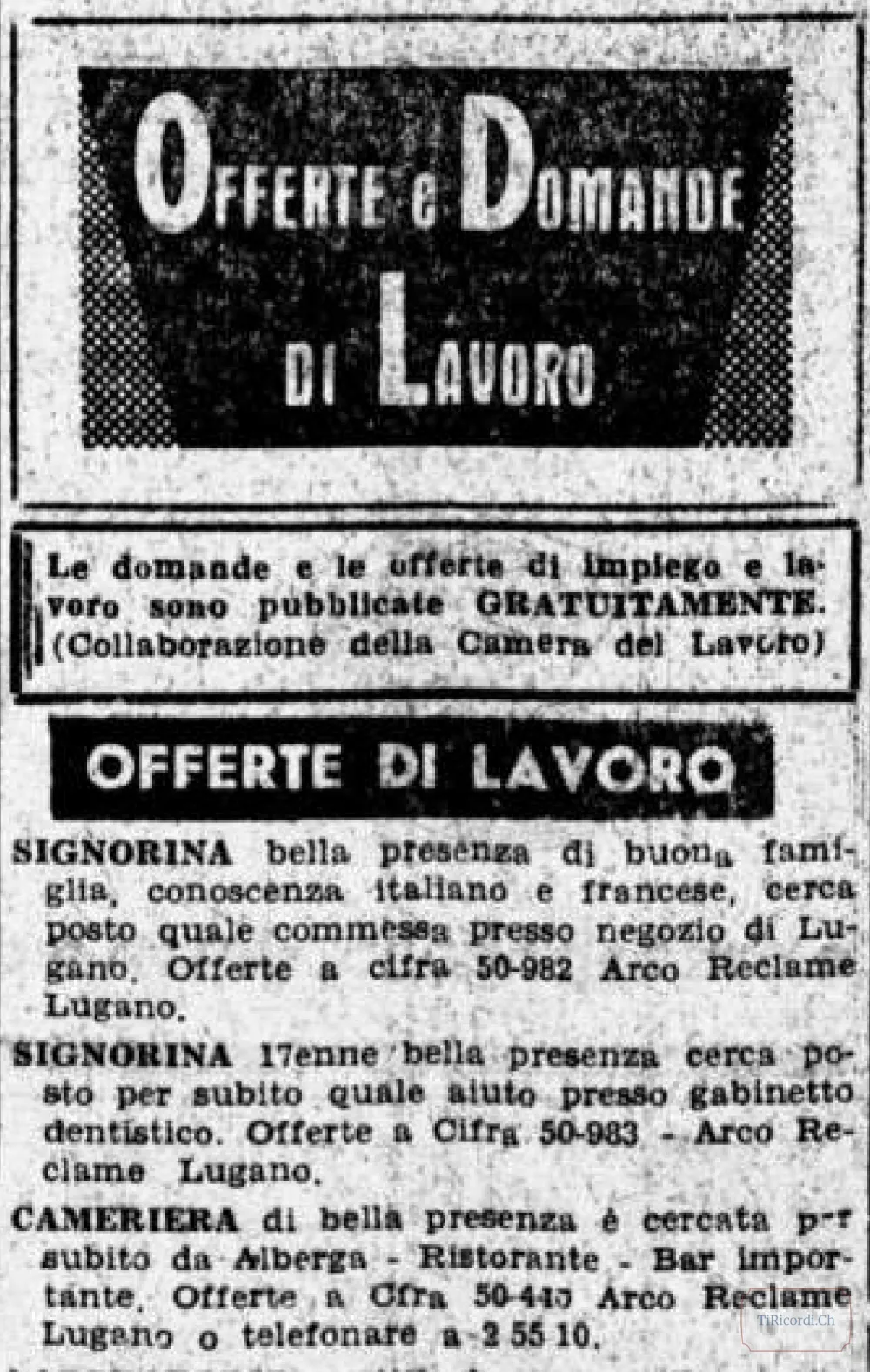 Annunci di lavoro gratuiti che richiedono "bella presenza" per commessa, aiuto dentistico e cameriera, 1956