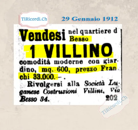 Vendesi nel quartiere di Besso un villino con comodità moderne e giardino di 600 metri quadrati: 33 000 franchi, 1912