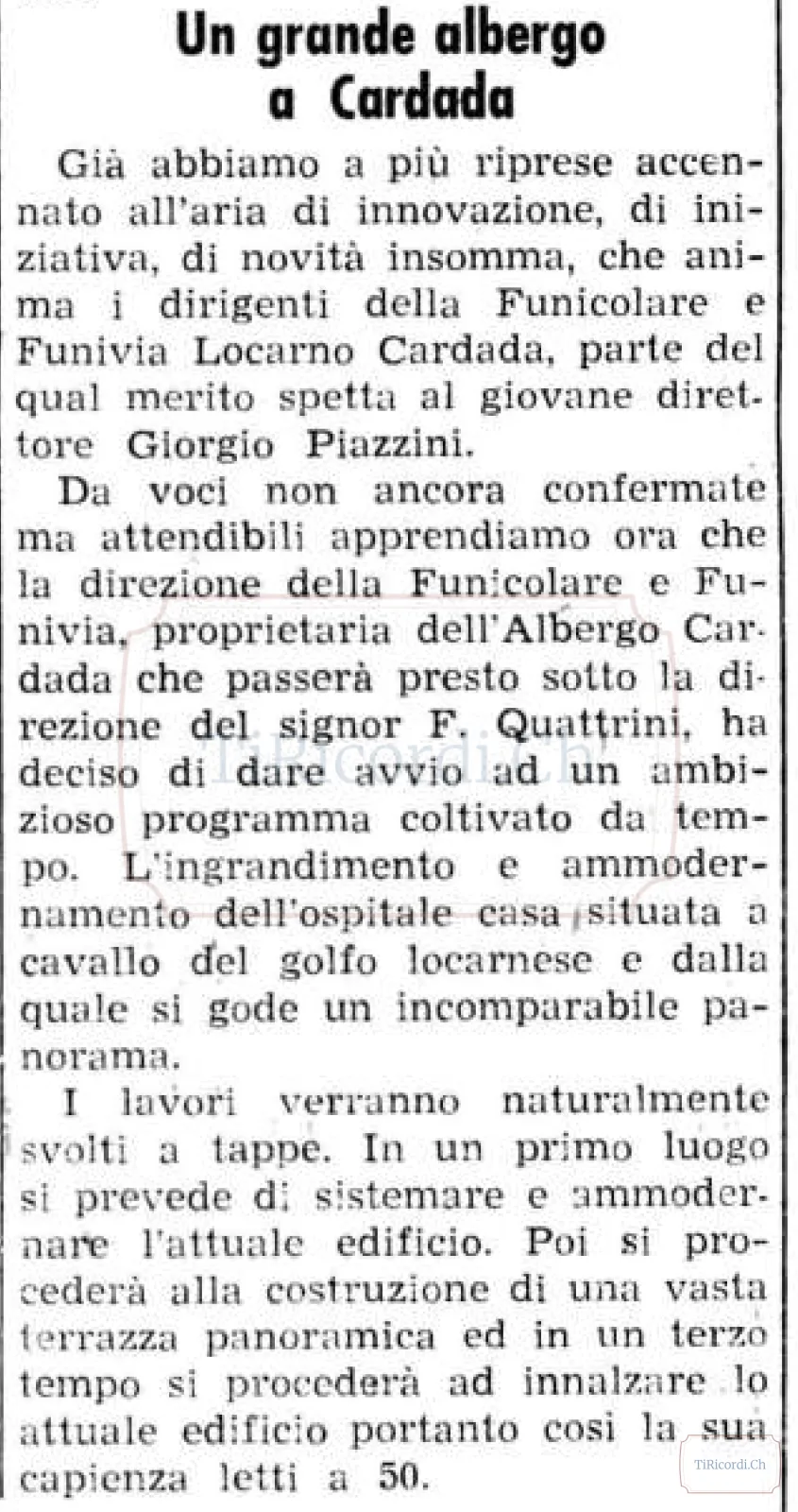 Progetto di grande albergo panoramico a Cardada: ampliamento e terrazza sul golfo di Locarno, 1966