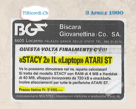 Stacy 2, il laptop Atari ST: 4 MB di RAM e disco da 40 MB a 5490 franchi, Locarno aprile 1990