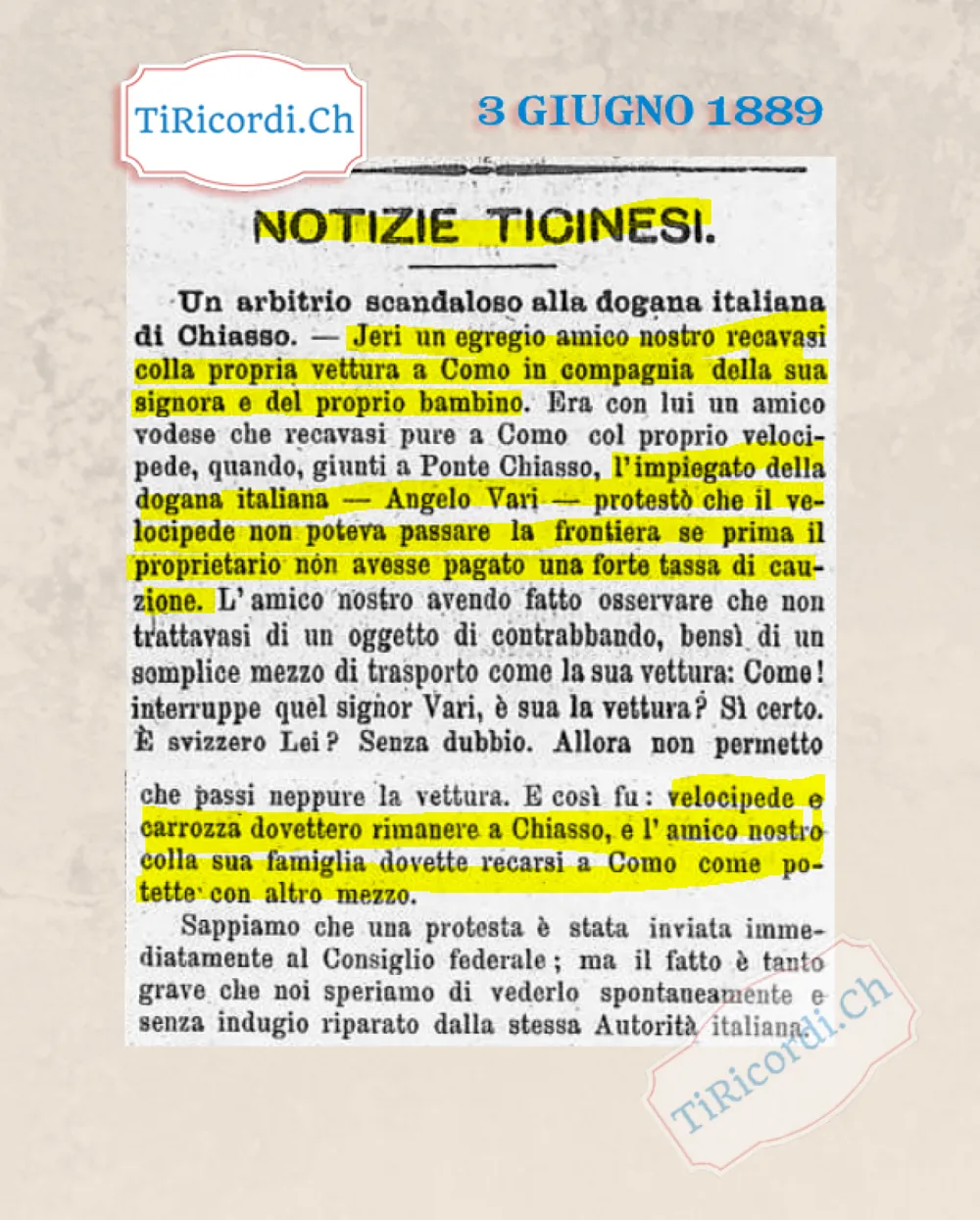 Arbitrio scandaloso alla dogana di Ponte Chiasso: bloccati velocipede e carrozza, 1889