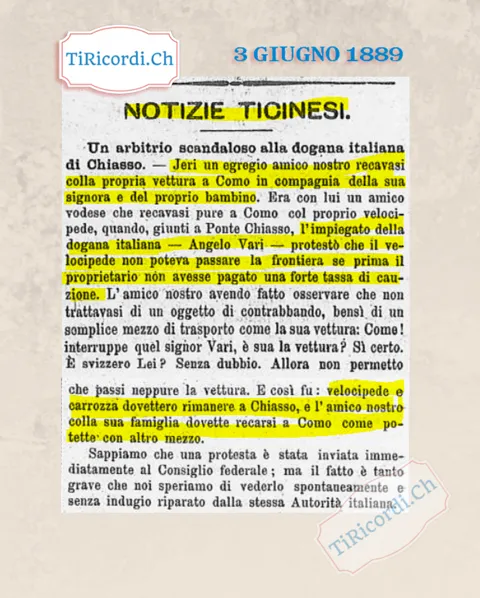 Arbitrio scandaloso alla dogana di Ponte Chiasso: bloccati velocipede e carrozza, 1889