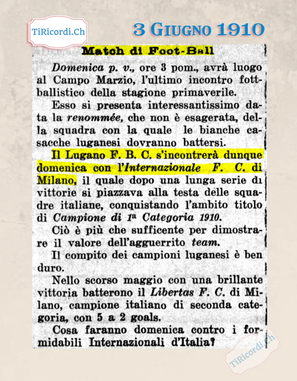 Match di foot-ball: il Lugano F.B.C. incontra l'Internazionale di Milano, campione d'Italia 1910, al Campo Marzio, 1910