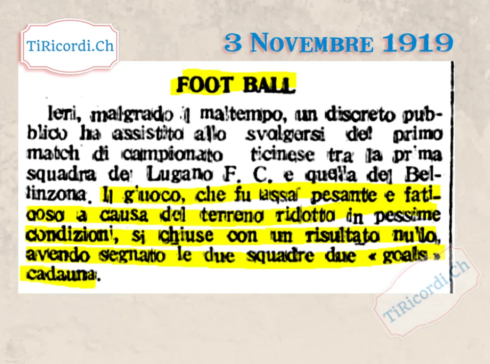 Foot ball: il primo match di campionato ticinese tra Lugano F.C. e Bellinzona finisce 2 a 2 su un terreno in pessime condizioni, 1919