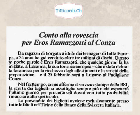 Conto alla rovescia per Eros Ramazzotti al Padiglione Conza di Lugano, febbraio 1988