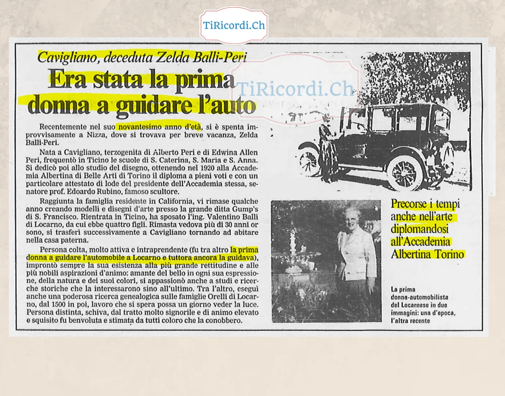 Cavigliano, deceduta Zelda Balli-Peri: era stata la prima donna a guidare l auto a Locarno, 1988