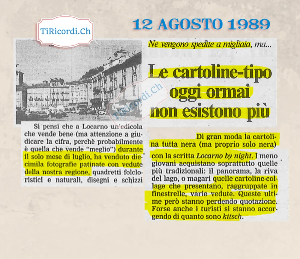 Le cartoline-tipo oggi ormai non esistono piu: diecimila vedute vendute in un mese a Locarno, agosto 1989