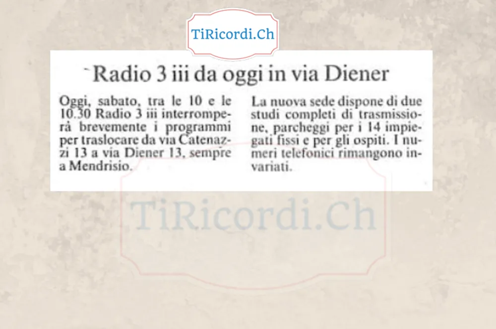 Radio 3 iii da oggi in via Diener: il trasloco della radio privata a Mendrisio, 1988