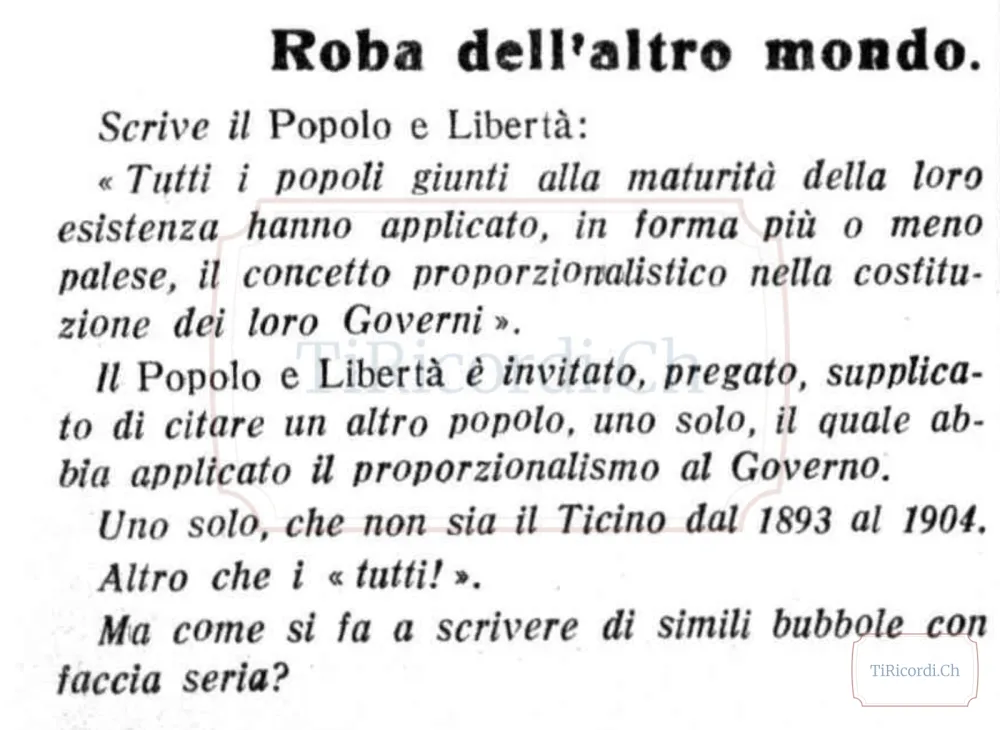 Faida tra giornali ticinesi: la Gazzetta Ticinese ironizza sul proporzionalismo, 1916