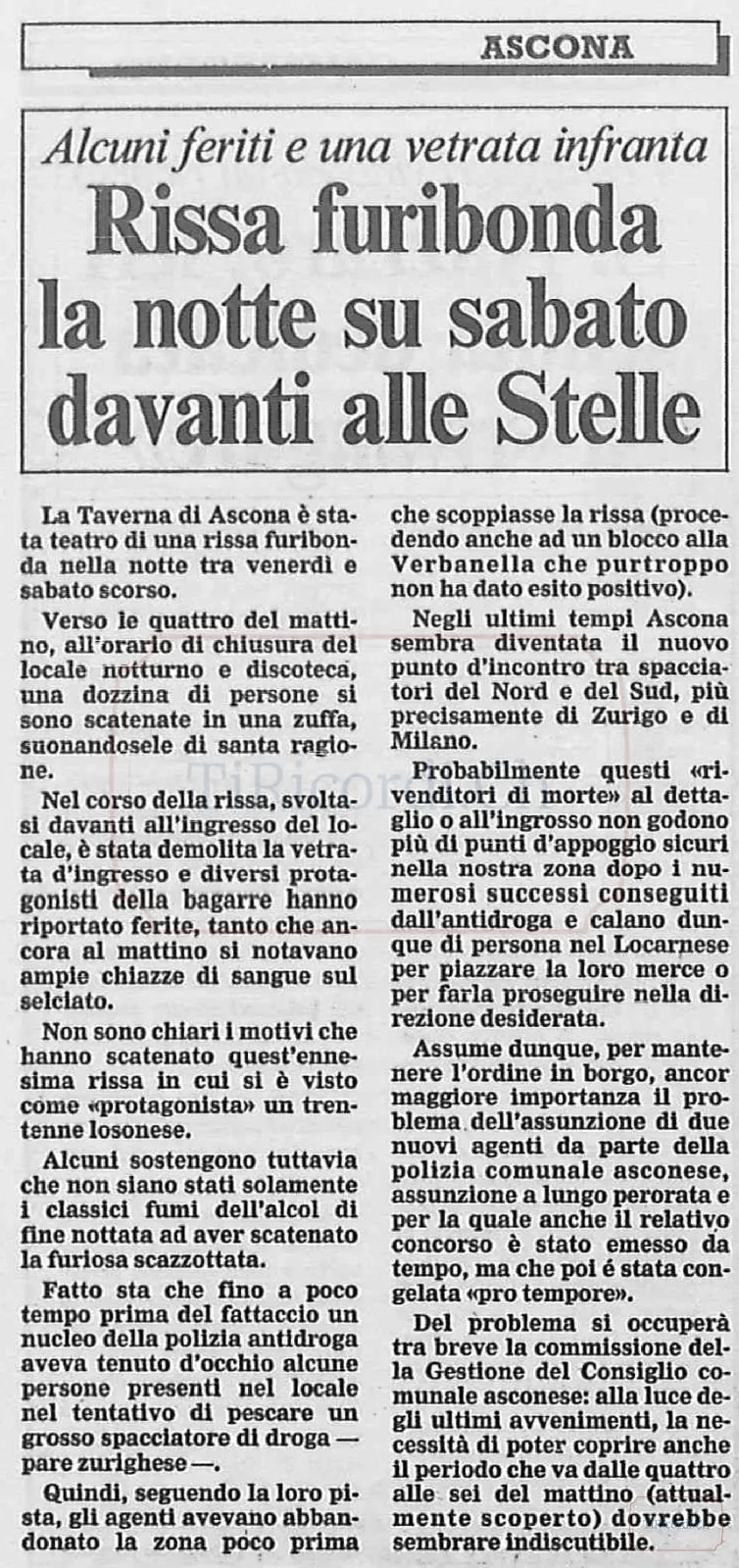 Rissa notturna davanti alla Taverna di Ascona e termini oggi insoliti nei resoconti di cronaca, 1986