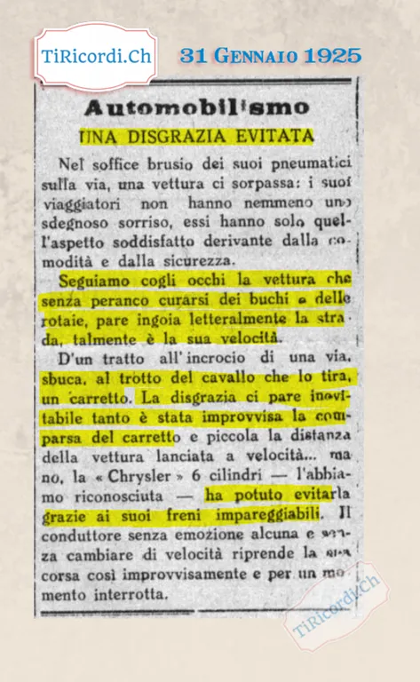 Automobilismo, una disgrazia evitata: la Chrysler 6 cilindri schiva un carretto grazie ai suoi freni impareggiabili. Notizia o pubblicità?, 1925