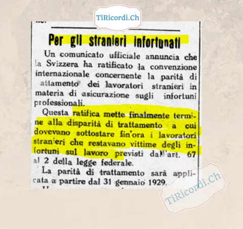 Per gli stranieri infortunati: la Svizzera ratifica la convenzione internazionale sulla parità di trattamento dei lavoratori stranieri negli infortuni sul lavoro, dal 31 gennaio 1929