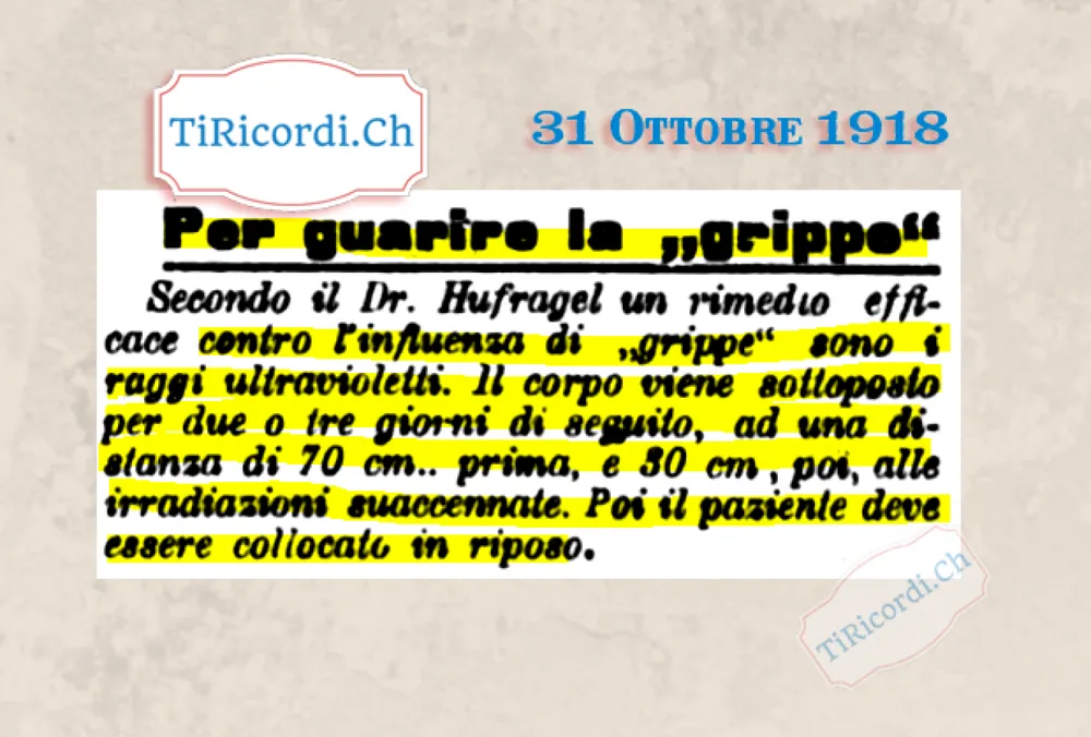 Per guarire la grippe: secondo il dottor Hufragel un rimedio efficace sono i raggi ultravioletti, a 70 e poi 30 centimetri, 1918