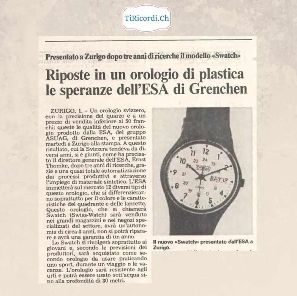 Riposte in un orologio di plastica le speranze dell ESA di Grenchen: presentato a Zurigo il modello Swatch, marzo 1983