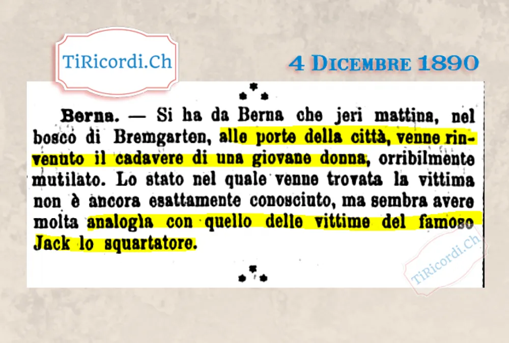 Cadavere di una giovane donna mutilato nel bosco di Bremgarten: Jack lo Squartatore a Berna?, 1890
