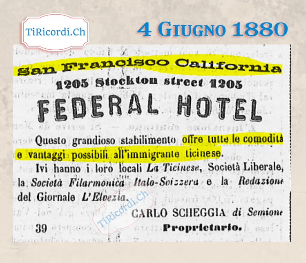 Federal Hotel, San Francisco: la casa dei ticinesi in California, 1880