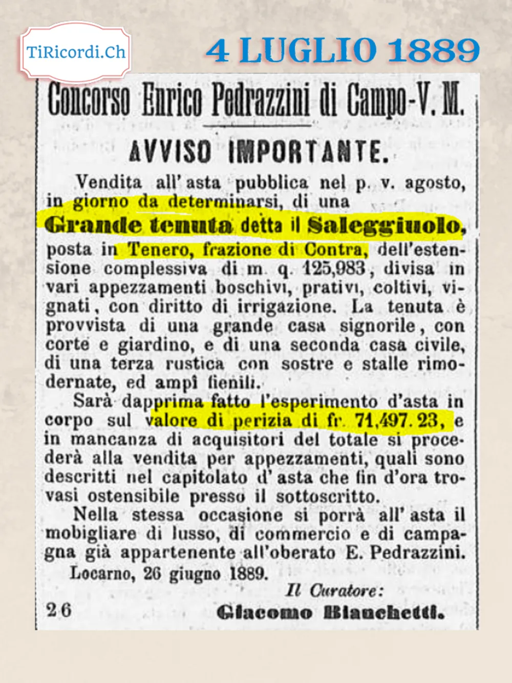 All'asta la grande tenuta del Saleggiuolo a Tenero, valore di perizia 71 497 franchi, 1889