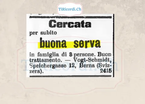 Cercata per subito buona serva in famiglia di 3 persone, buon trattamento, Berna 1908