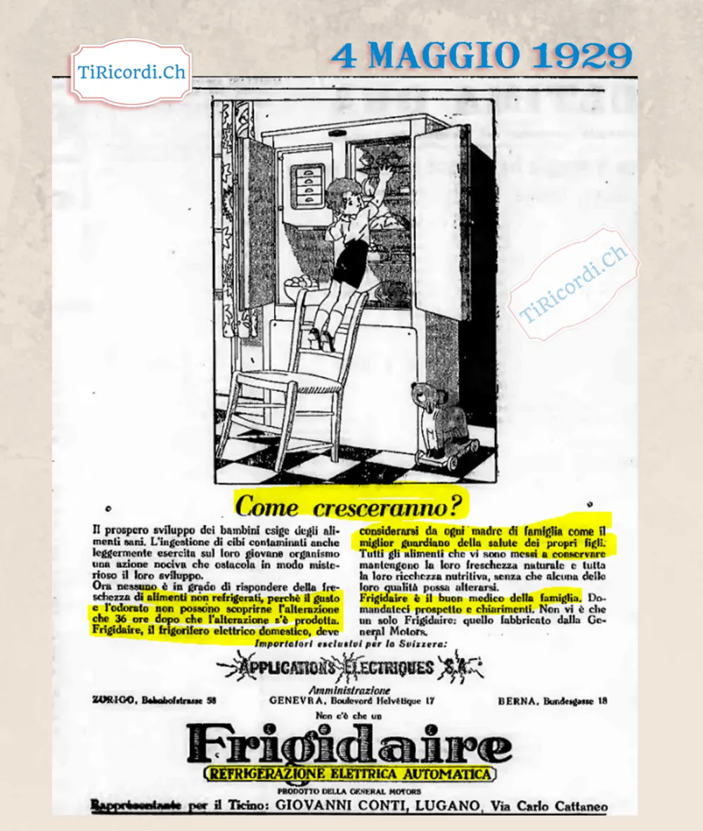 Come cresceranno? Frigidaire, il frigorifero elettrico domestico, deve considerarsi da ogni madre di famiglia come il miglior guardiano della salute dei propri figli, 1929