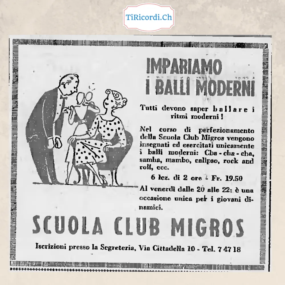 Impariamo i balli moderni: alla Scuola Club Migros si insegnano cha-cha-cha, samba, mambo, calipso e rock and roll, 6 lezioni di 2 ore per 19,50 franchi, 1958