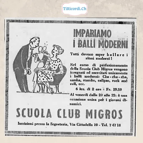 Impariamo i balli moderni: alla Scuola Club Migros si insegnano cha-cha-cha, samba, mambo, calipso e rock and roll, 6 lezioni di 2 ore per 19,50 franchi, 1958