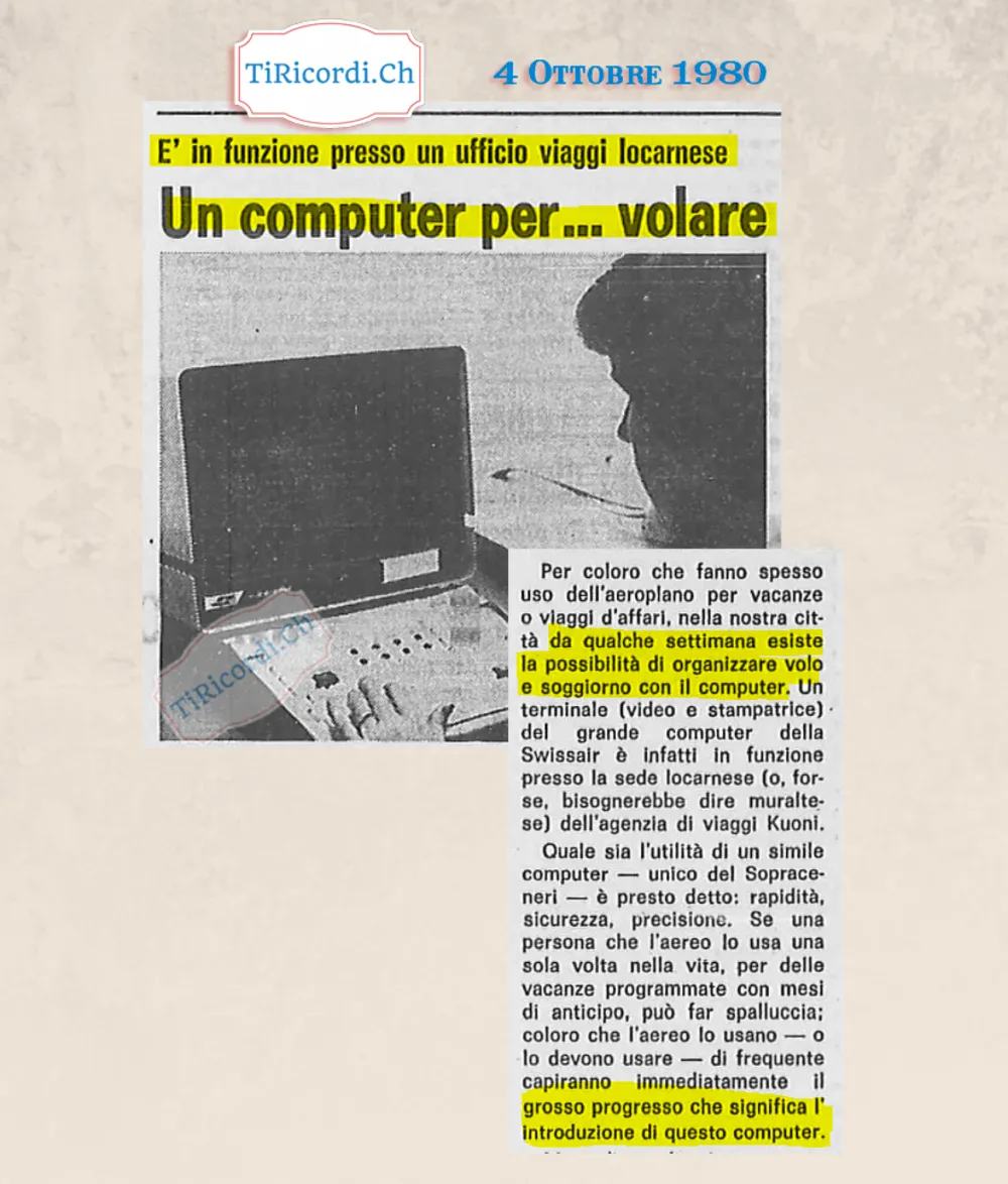 Un computer per volare: il terminale Swissair entra in un ufficio viaggi locarnese, ottobre 1980
