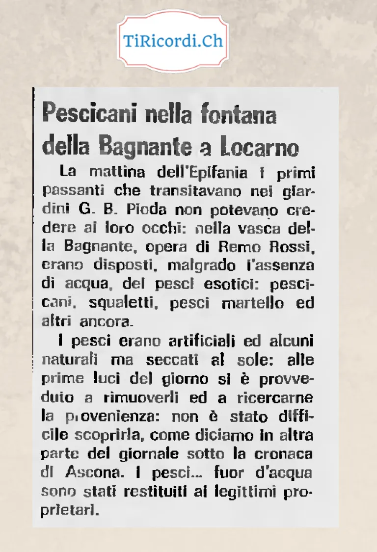 Pescicani nella fontana della Bagnante a Locarno: la mattina dell'Epifania nella vasca dell'opera di Remo Rossi, malgrado l'assenza di acqua, erano disposti pesci esotici, squaletti e pesci martello, 1973