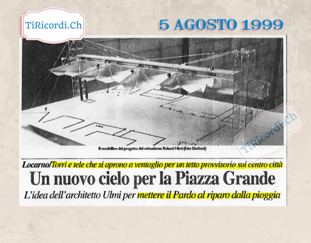 Un nuovo cielo per la Piazza Grande: torri e tele a ventaglio per un tetto provvisorio, agosto 1999