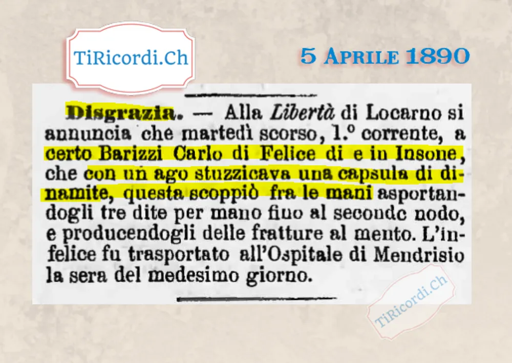 Stuzzicava una capsula di dinamite con un ago: perde tre dita per mano, Insone 1890