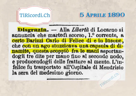 Stuzzicava una capsula di dinamite con un ago: perde tre dita per mano, Insone 1890