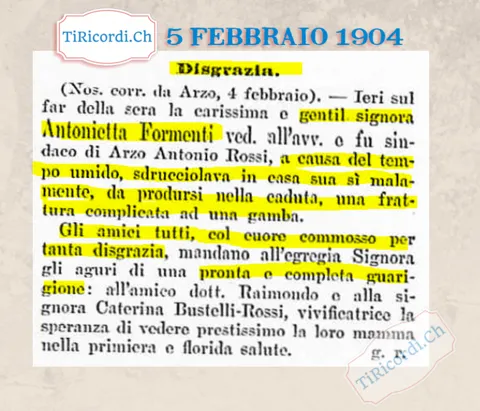 Disgrazia ad Arzo: la vedova del sindaco Rossi scivola in casa per il tempo umido e si frattura una gamba, 1904