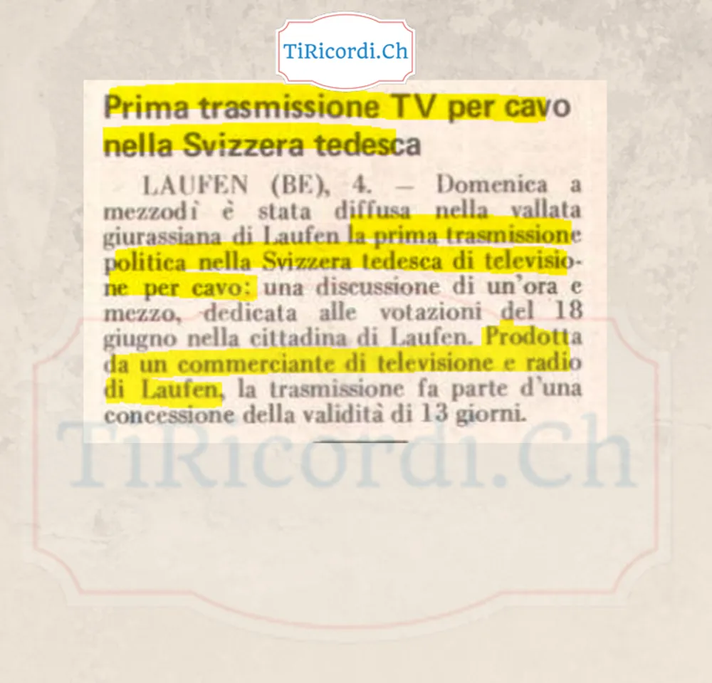 Prima trasmissione TV per cavo nella Svizzera tedesca: nella vallata giurassiana di Laufen una discussione di un'ora e mezzo sulle votazioni, prodotta da un commerciante di televisione e radio del posto, 1978