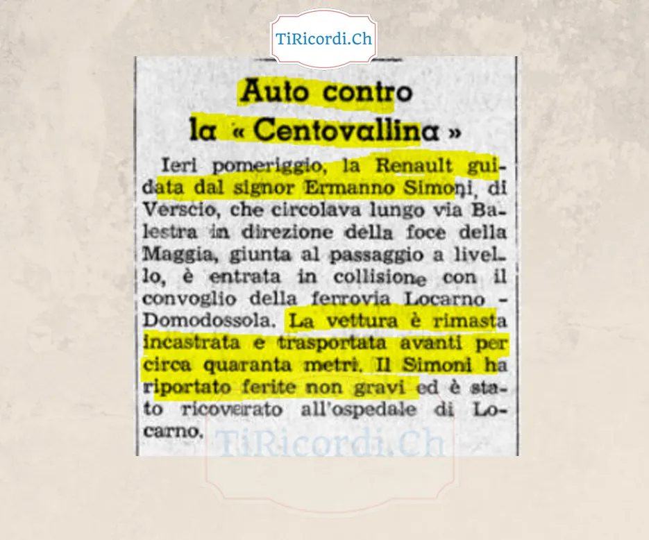 Auto contro la Centovallina: la Renault del signor Ermanno Simoni di Verscio entra in collisione con il convoglio della ferrovia Locarno-Domodossola al passaggio a livello, trascinata per quaranta metri, 1968