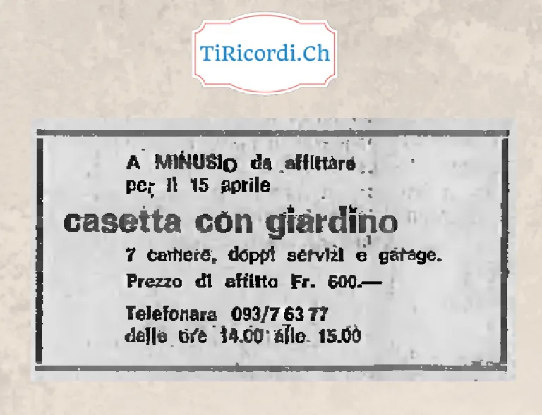 A Minusio da affittare per il 15 aprile casetta con giardino, 7 camere, doppi servizi e garage: prezzo di affitto 600 franchi, 1968