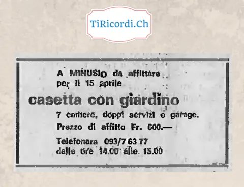 A Minusio da affittare per il 15 aprile casetta con giardino, 7 camere, doppi servizi e garage: prezzo di affitto 600 franchi, 1968