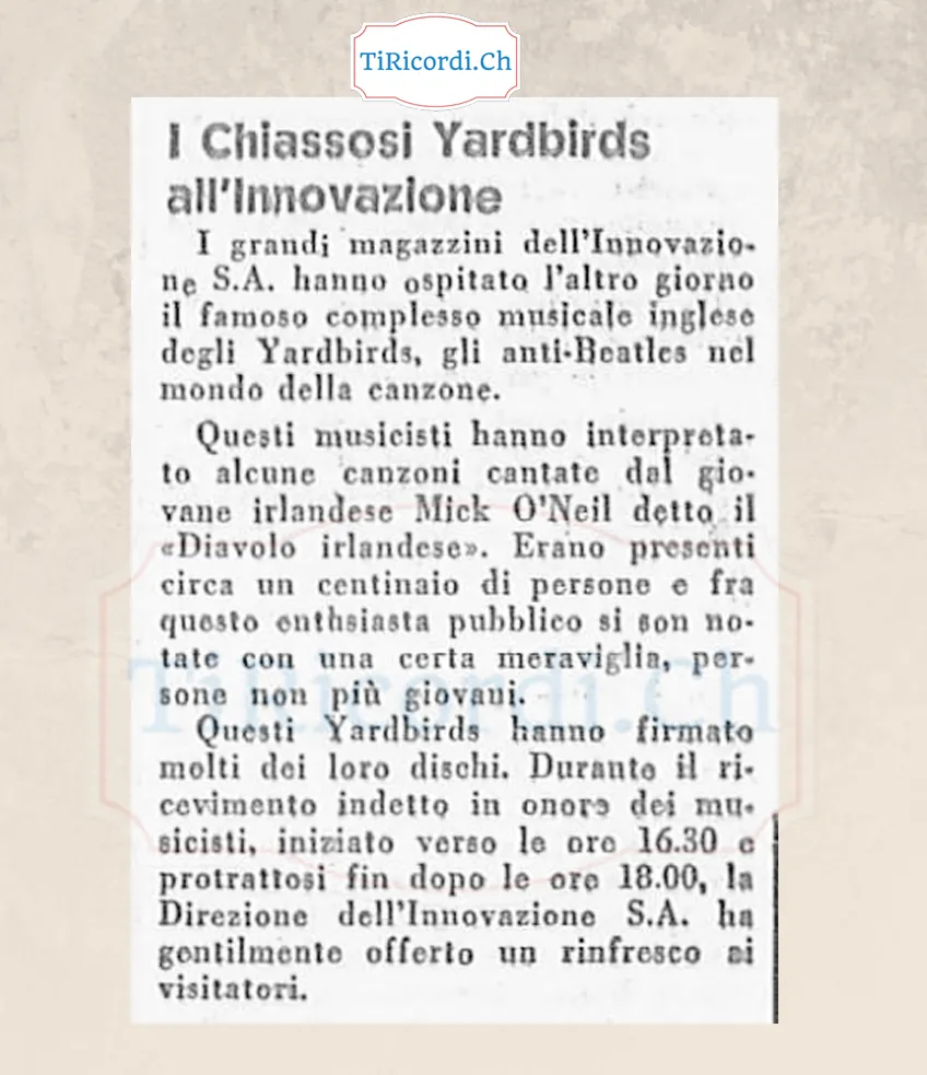 I chiassosi Yardbirds all'Innovazione: i grandi magazzini hanno ospitato il famoso complesso musicale inglese, gli anti-Beatles nel mondo della canzone, con circa un centinaio di persone presenti, 1964